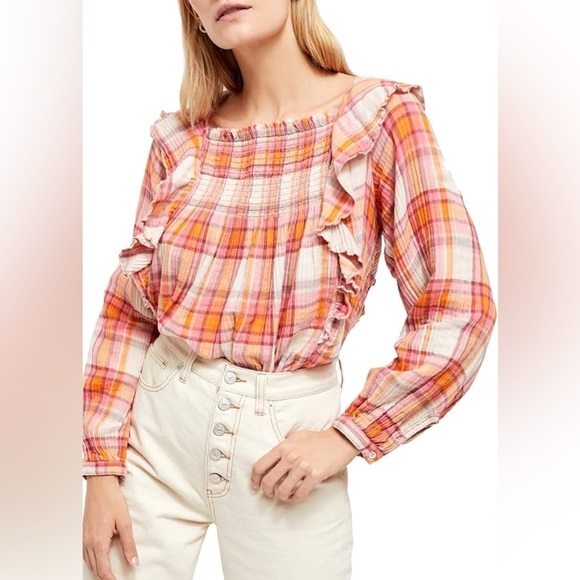 Free People Siena Plaid Pullover top NWT size S - Picture 2 of 11